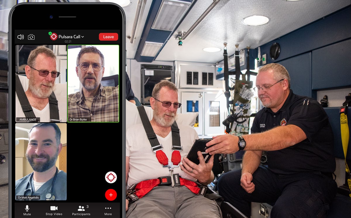 a paramedic and his patient use pulsara to videoconference with a doctor